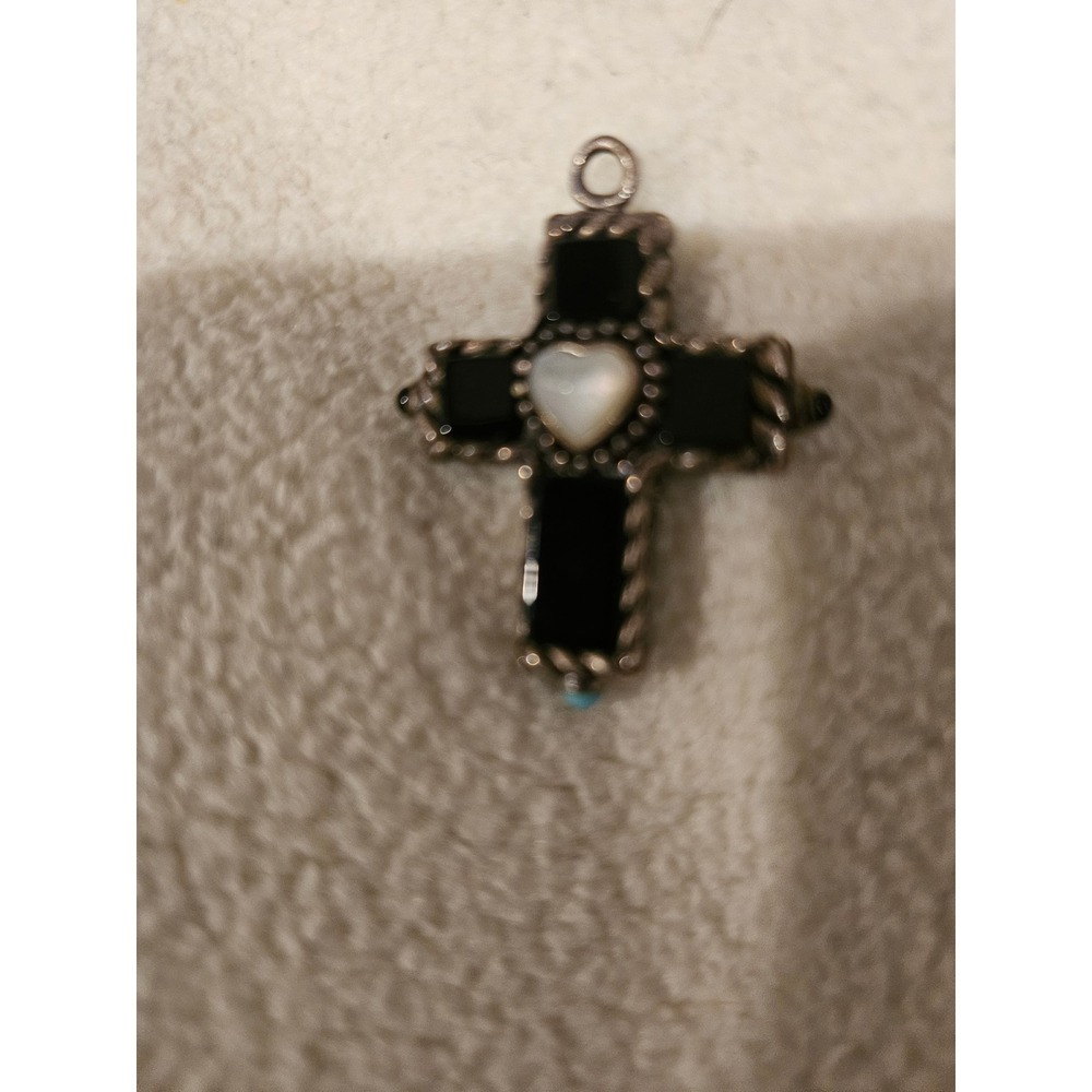 Vintage Double Sided Cross Pendant Turquoise Black Onyx Mother of Pearl Heart